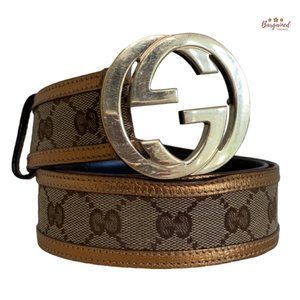 Authentic Gucci Bronze Monogram Canvas Leather Interlocking G Buckle Belt 80/32